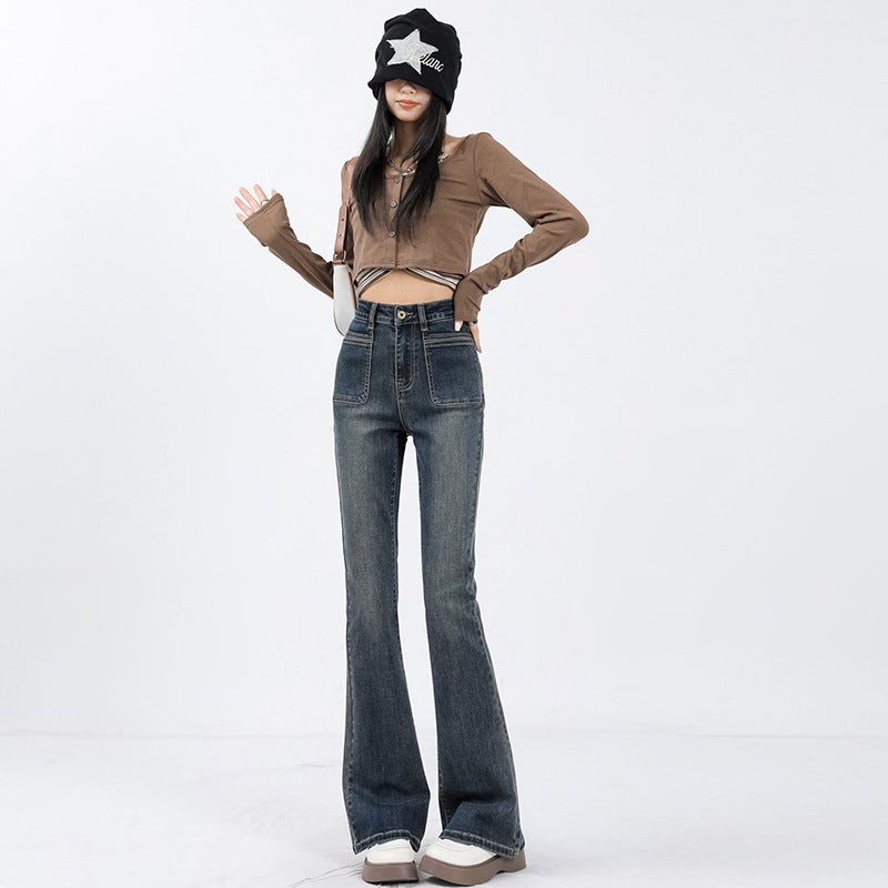 2023 Autumn New Boot-Cut Pants Slimming Stretch Korean Style Horseshoe Pants High Waist Slim Fashion Retro Blue Jeans - Image 3