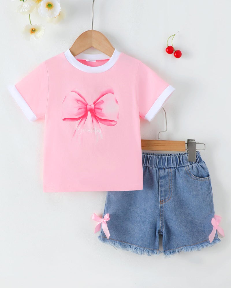 Jecson Toddler Girl Outfits Summer Cotton Bowknot Print T-Shirt and Jeans Shorts Set Casual Girls 2 Piece Outfits Sets - Image 2