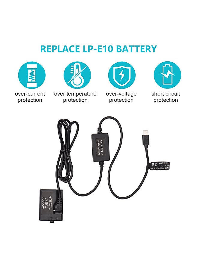 PD USB Type-C Cable to DR-E10 Dummy Battery DC Coupler LP-E10 Replacement for Canon EOS Rebel T7 T6 T5 T3 X50 X70 EOS 1100D 1200D 1300D 1500D 2000D