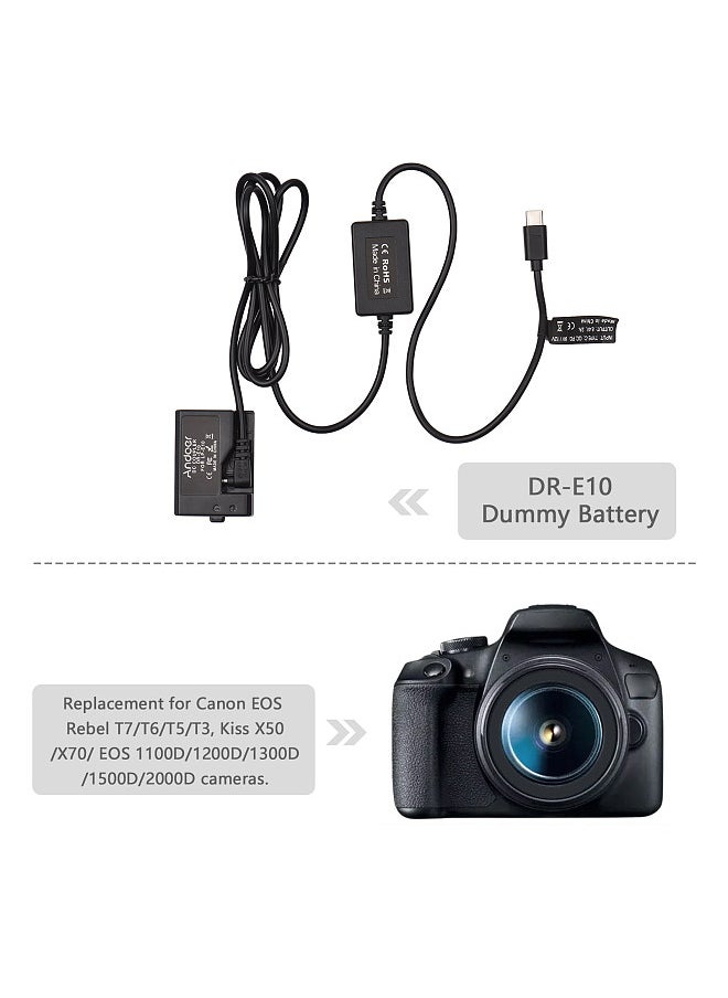 PD USB Type-C Cable to DR-E10 Dummy Battery DC Coupler LP-E10 Replacement for Canon EOS Rebel T7 T6 T5 T3 X50 X70 EOS 1100D 1200D 1300D 1500D 2000D