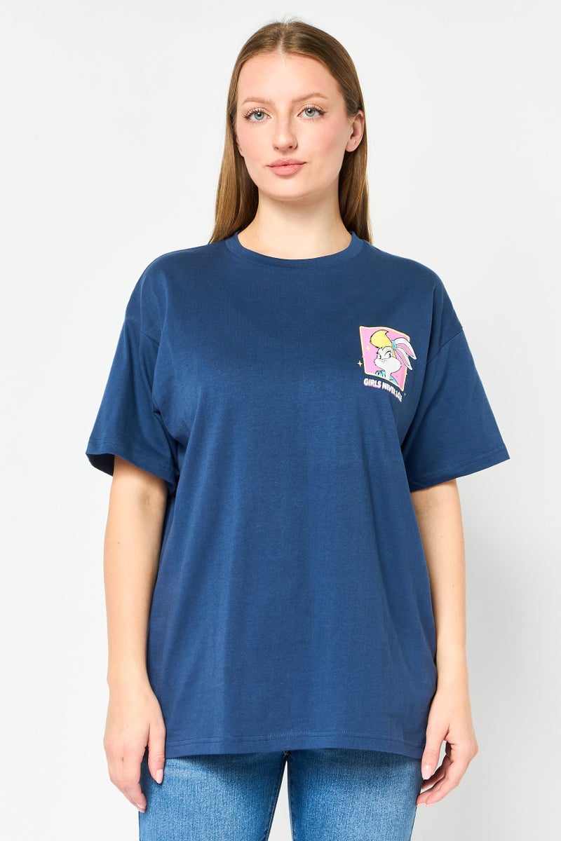 Disney Looney Tunes x Disney Women Crew Neck Short Sleeve Graphic Print T-Shirt, Navy - Image 1