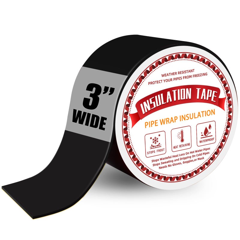Pipe Insulation Tape Outdoor Water Pipe Insulation Wrap Foam Insulation Tape for Outdoor Pipes Winter Freeze Protection Heat Tape for Water Pipes Copper Pipes PVC AC Line 3in x 15ft Black