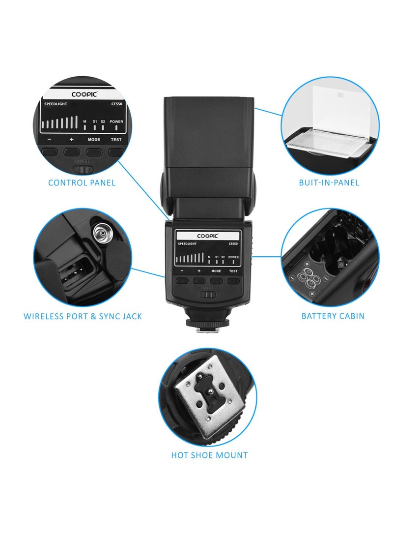 Coopic - فلاش زناد لاسلكي COOPIC CF550 Speedlite s1، s2 متوافق مع Canon Nikon Panasonic Olympus Pentax وغيرها من الكاميرات الرقمية DSLR مع الحذاء الساخن القياسي - Image 1