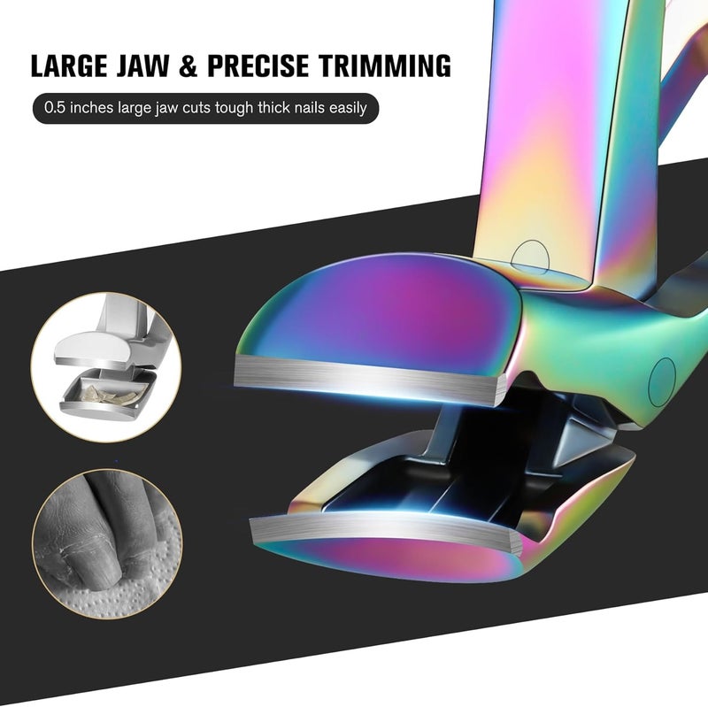 FERYES Angled Head Long Handled Toenail Clipper for Seniors - Large Wide Jaw Nail Clipper with Catcher for Thick Nails - Easier Trimming, Ergonomic Design (Rainbow Efficiency boosted construction - Image 3