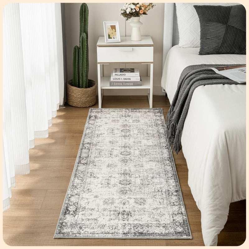 Istana Hallway Runner Rug 2x6 - White Cream/Grey Kitchen Rugs Non Slip Washable -Silk's Soft Touch Carpet Runner - Stylish Rug Runner for Home - Image 1