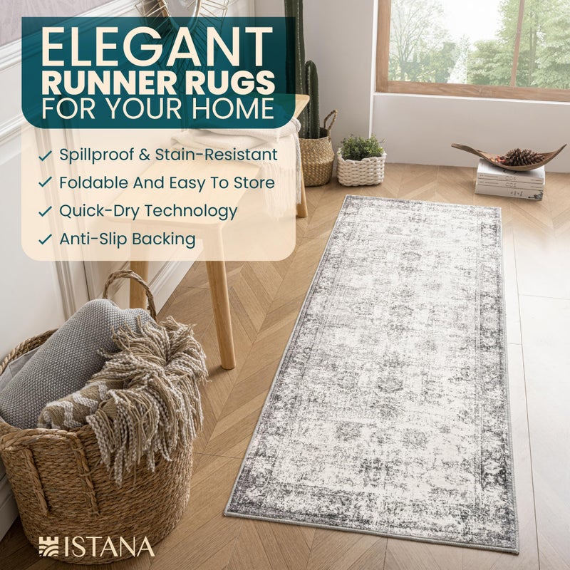 Istana Hallway Runner Rug 2x6 - White Cream/Grey Kitchen Rugs Non Slip Washable -Silk's Soft Touch Carpet Runner - Stylish Rug Runner for Home - Image 4