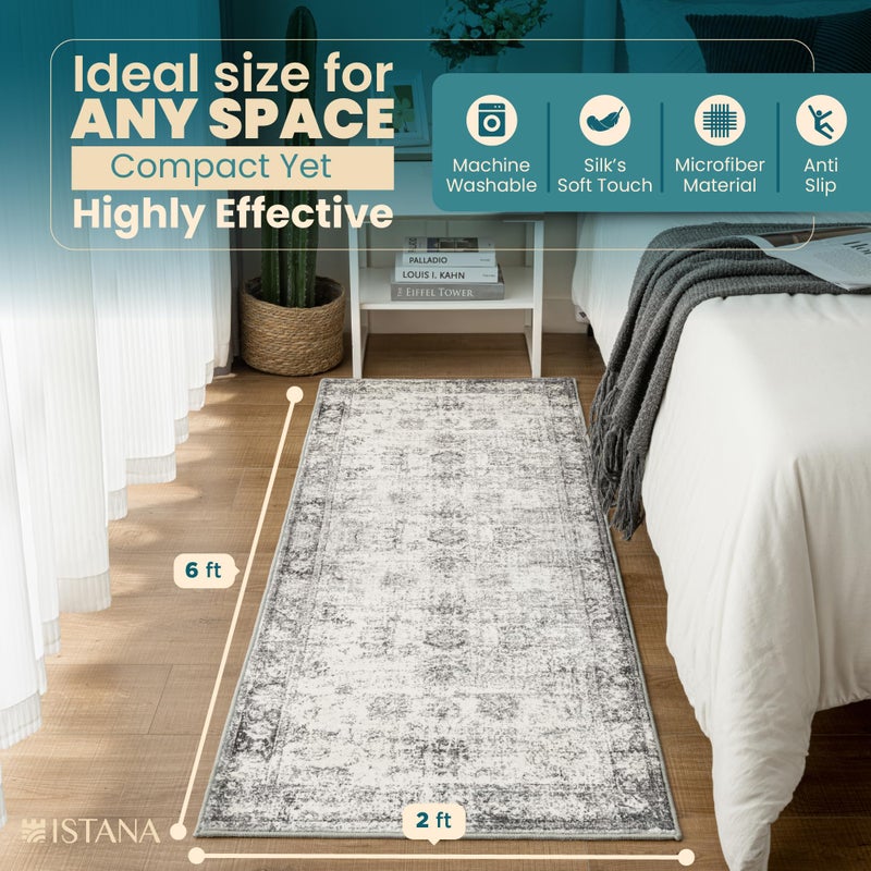 Istana Hallway Runner Rug 2x6 - White Cream/Grey Kitchen Rugs Non Slip Washable -Silk's Soft Touch Carpet Runner - Stylish Rug Runner for Home - Image 5