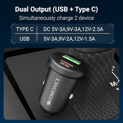Zebronics 30W Car Charger with Dual-Output - Type-C & USB, Compact Design, PPS Tech, Rapid Charging, 1m Type-C Cable, Compact Size, for Smartphones, iPhones, Tablets, Earbuds (CC30) Black - Image 2