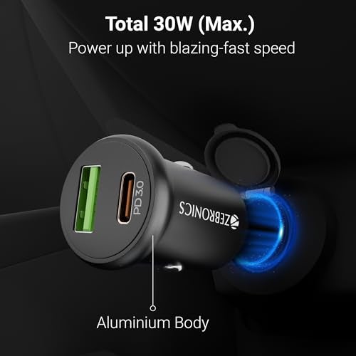 Zebronics 30W Car Charger with Dual-Output - Type-C & USB, Compact Design, PPS Tech, Rapid Charging, 1m Type-C Cable, Compact Size, for Smartphones, iPhones, Tablets, Earbuds (CC30) Black - Image 3
