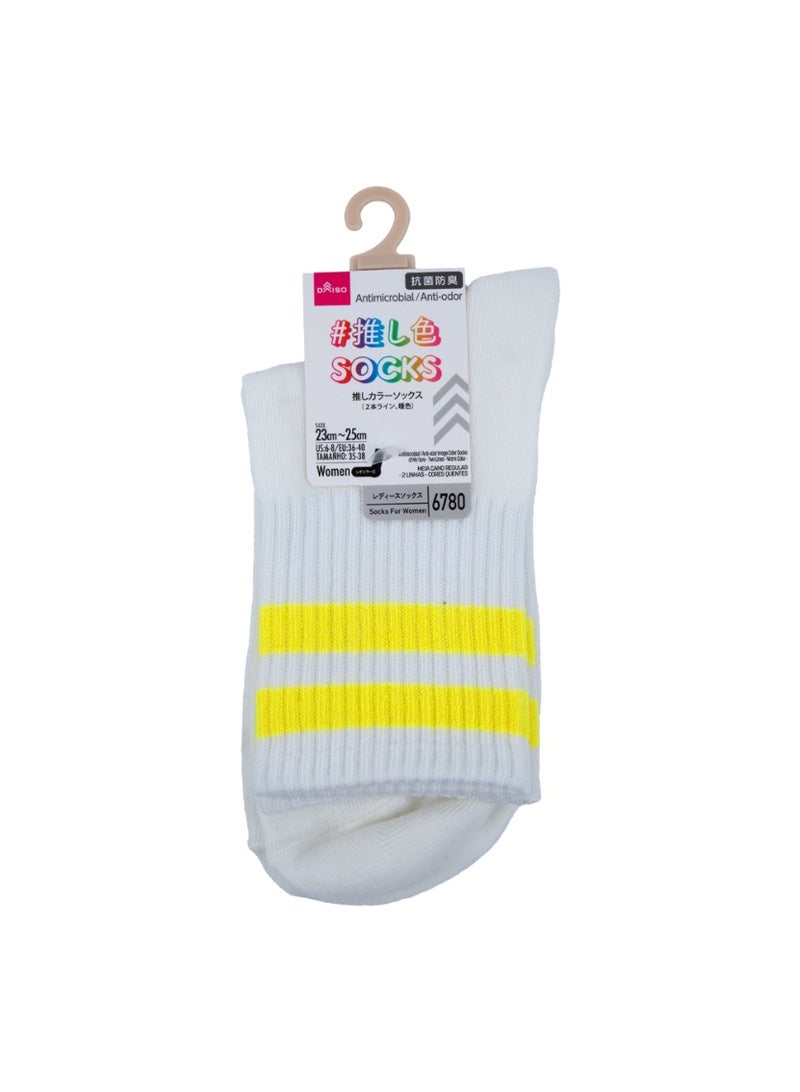 Men's Antimicrobial Anti-Odor Breathable Crew Socks, White with Two Yellow Lines