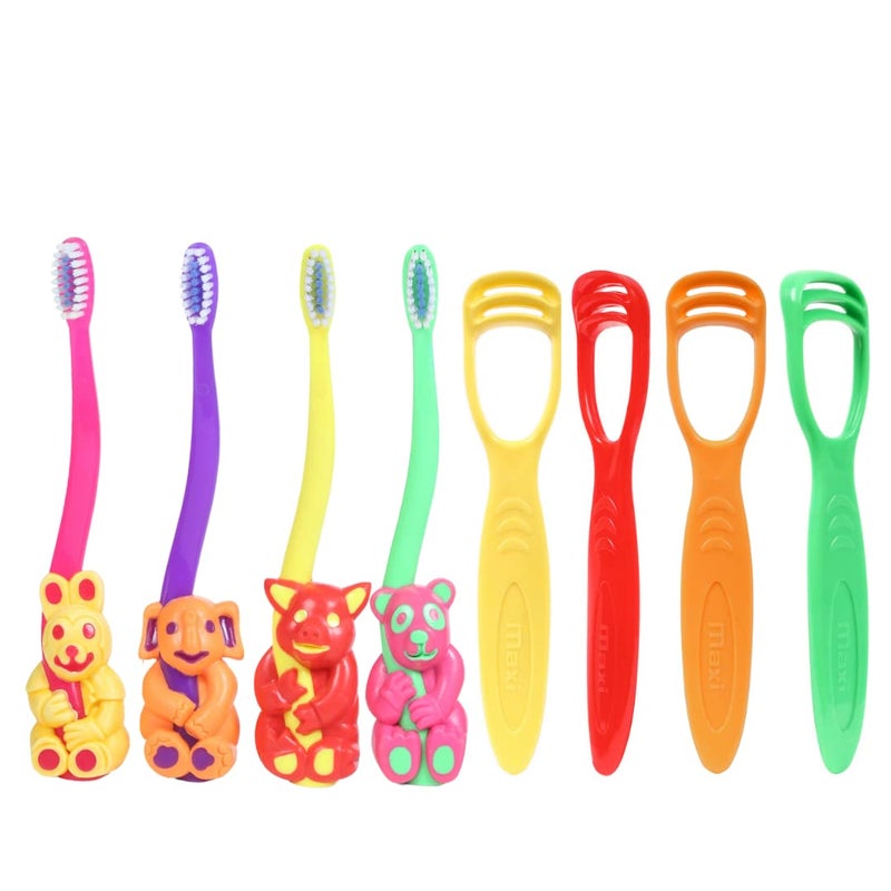 MAXI Oral Care Combo of 8-(4 Kids) Bingo Junior Toothbrush & (4 TC) 1 Number Tongue Cleaner - Image 1