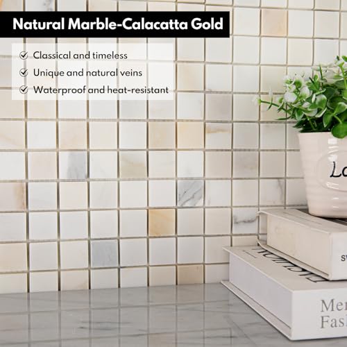 Lovdeco Calacatta Gold Marble Stone 1 Inch Square Marble Mosaic Tile for Kitchen Wall Bathroom Shower Floor (5 Sheet, Honed) - Image 5