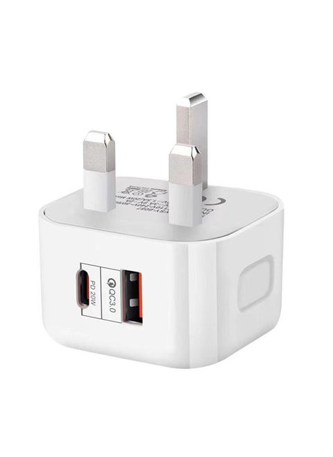 Dual Port 20W/18W iPhone & Samsung Safe Fast Charging, Compact White