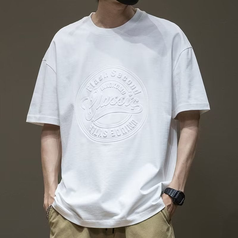 American Retro T-Shirt Men'S Short-Sleeved Summer Loose Trendy Brand Steel Printed Three-Dimensional Letter Black T-Shirt Men'S Wear