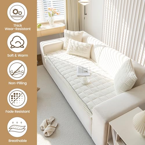 OTOB Couch Covers for 3 Cushion Sofa Pet Friendly, Plush Fuzzy Non Slip Sofa Covers Washable, Soft All Seasons Sofa Slipcovers Furniture Protector Dog Bed Mat (Cream, 27.6" x 82.7") - Image 2