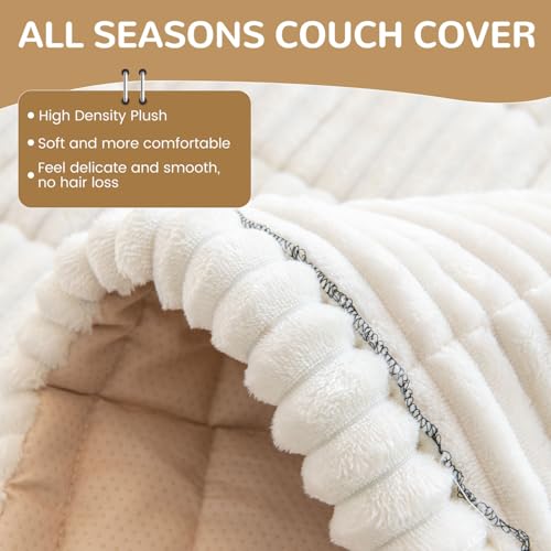 OTOB Couch Covers for 3 Cushion Sofa Pet Friendly, Plush Fuzzy Non Slip Sofa Covers Washable, Soft All Seasons Sofa Slipcovers Furniture Protector Dog Bed Mat (Cream, 27.6" x 82.7") - Image 3