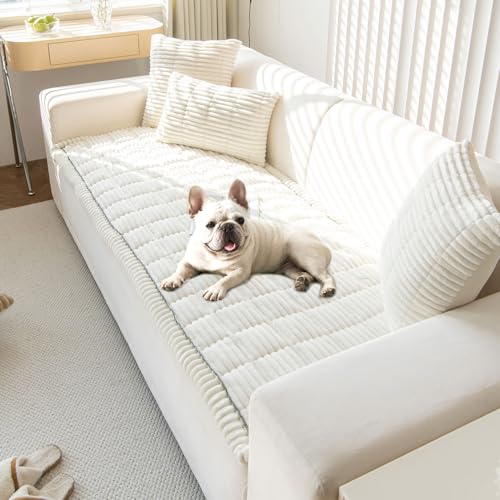 OTOB Couch Covers for 3 Cushion Sofa Pet Friendly, Plush Fuzzy Non Slip Sofa Covers Washable, Soft All Seasons Sofa Slipcovers Furniture Protector Dog Bed Mat (Cream, 27.6" x 82.7") - Image 1