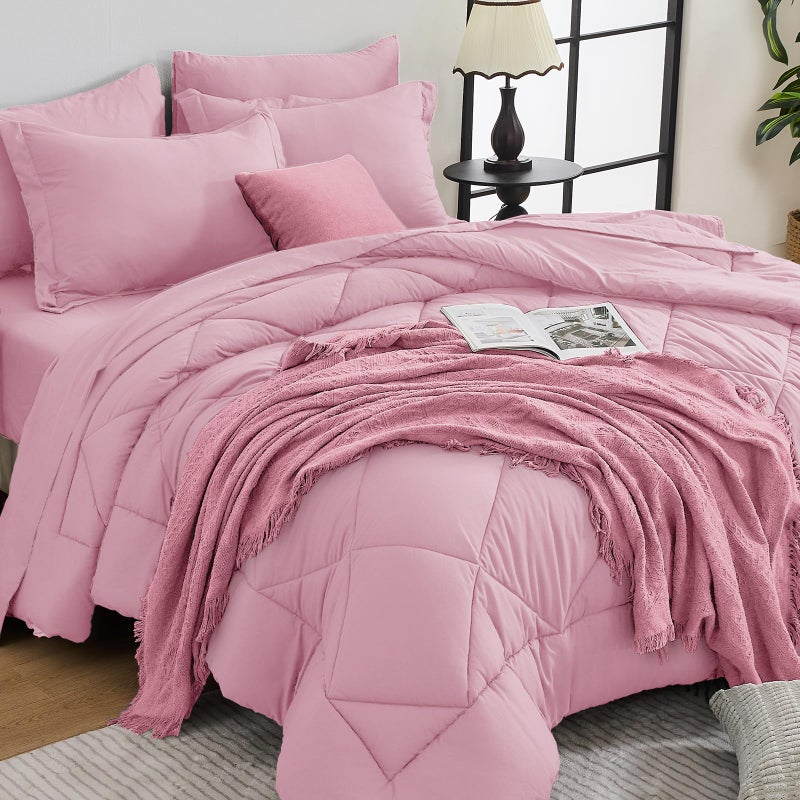 HEVUMYI Pink Queen Comforter Set  7Piece All Season Bed in a Bag Queen Ultra Soft Bedding Set with Comforter Flat Sheet Fitted Sheet Pillowcases Pillow Shams Pink