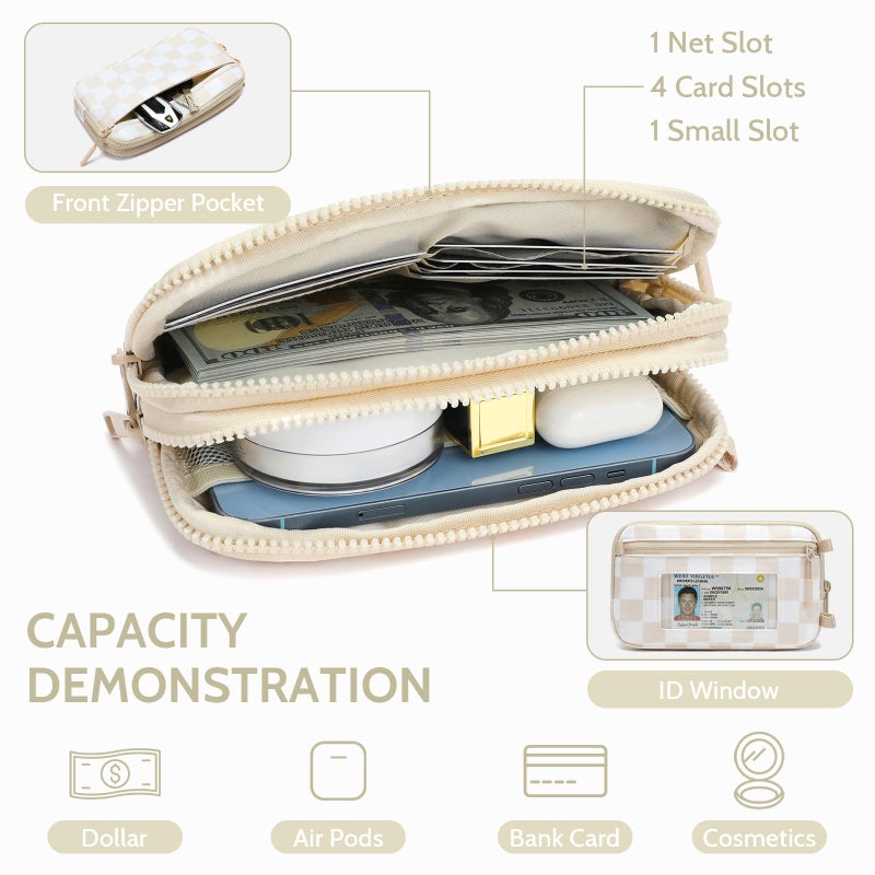 FODOKO Wristlet wallets for women RFID crossbody Wallet with 4 Zippers,Travel Credit Card,Holder Cell Phone Organizer,coin purse (checkered beige) - Image 4