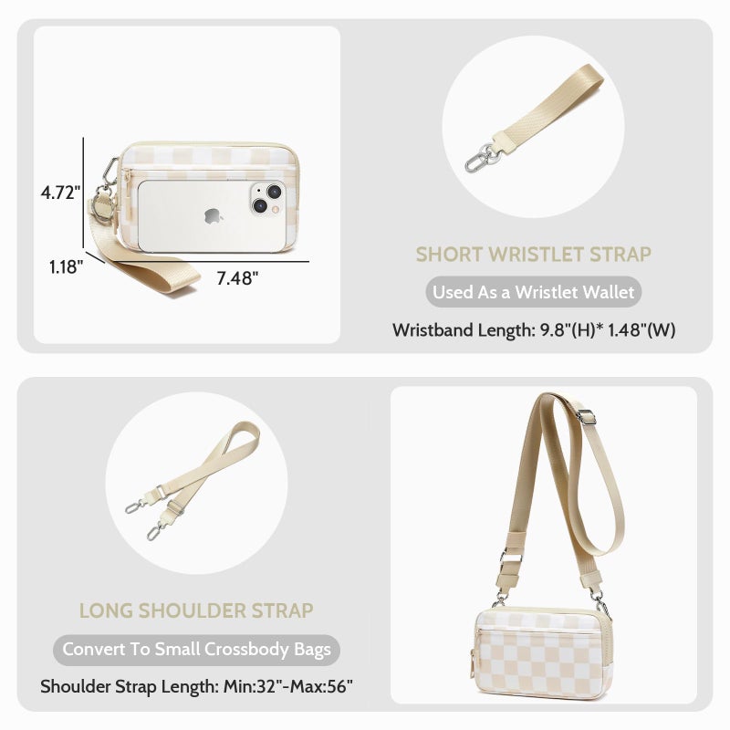 FODOKO Wristlet wallets for women RFID crossbody Wallet with 4 Zippers,Travel Credit Card,Holder Cell Phone Organizer,coin purse (checkered beige) - Image 5