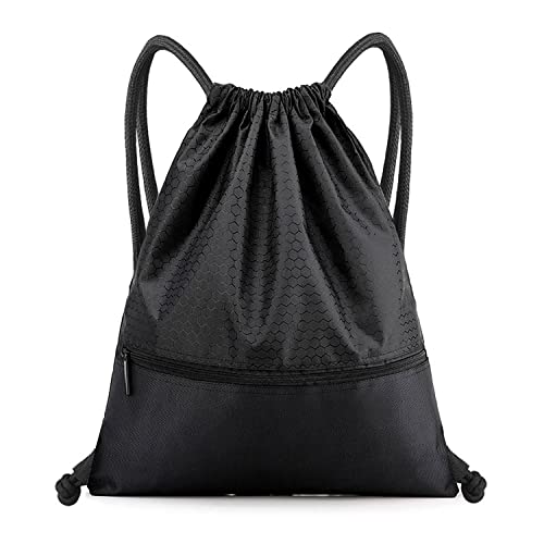 Pimoys Drawstring Backpack Bag, Waterproof Draw String Back Sack with Zip Pocket, Gym Drawstring Bags Swim Bag for Men Women (Black, Upgraded) One Size - Image 1
