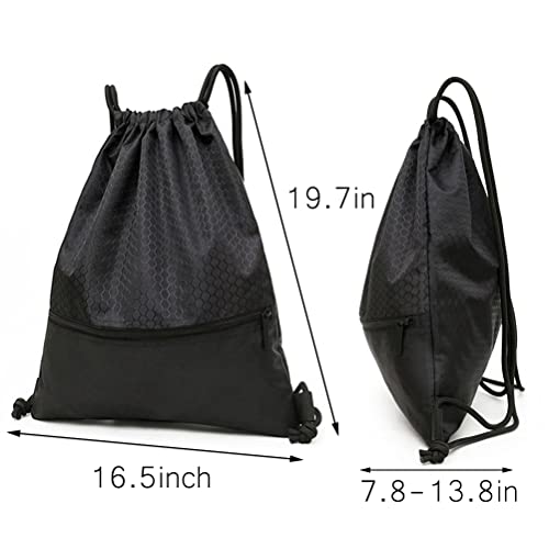 Pimoys Drawstring Backpack Bag, Waterproof Draw String Back Sack with Zip Pocket, Gym Drawstring Bags Swim Bag for Men Women (Black, Upgraded) One Size - Image 3