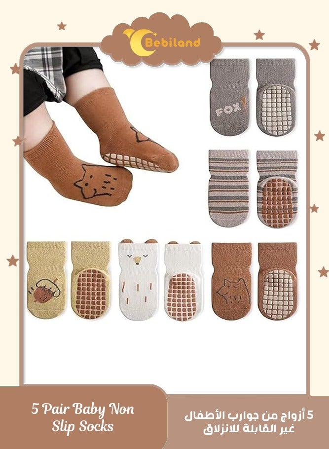 بيبي لاند 5 أزواج من جوارب الأطفال غير القابلة للانزلاق، جوارب مضادة للانزلاق للأولاد والبنات، جوارب قطنية متوسطة الحجم للأطفال الصغار بعمر 1-3 سنوات (متوسط) - Image 1