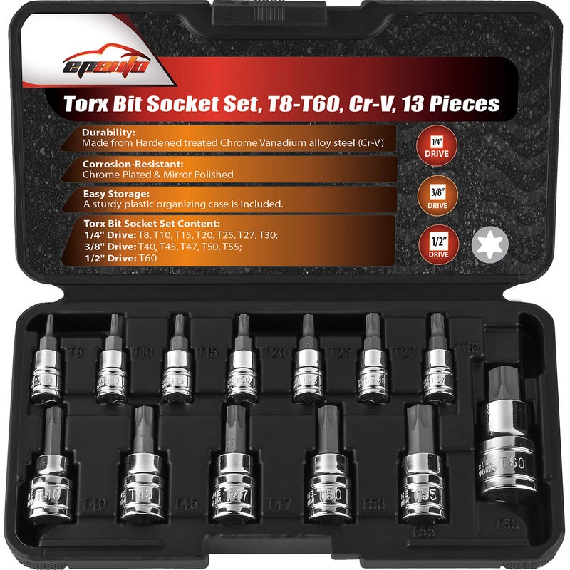 EPAuto Torx Bit Socket Set Star Socket T8T60 CrV 13 Pieces