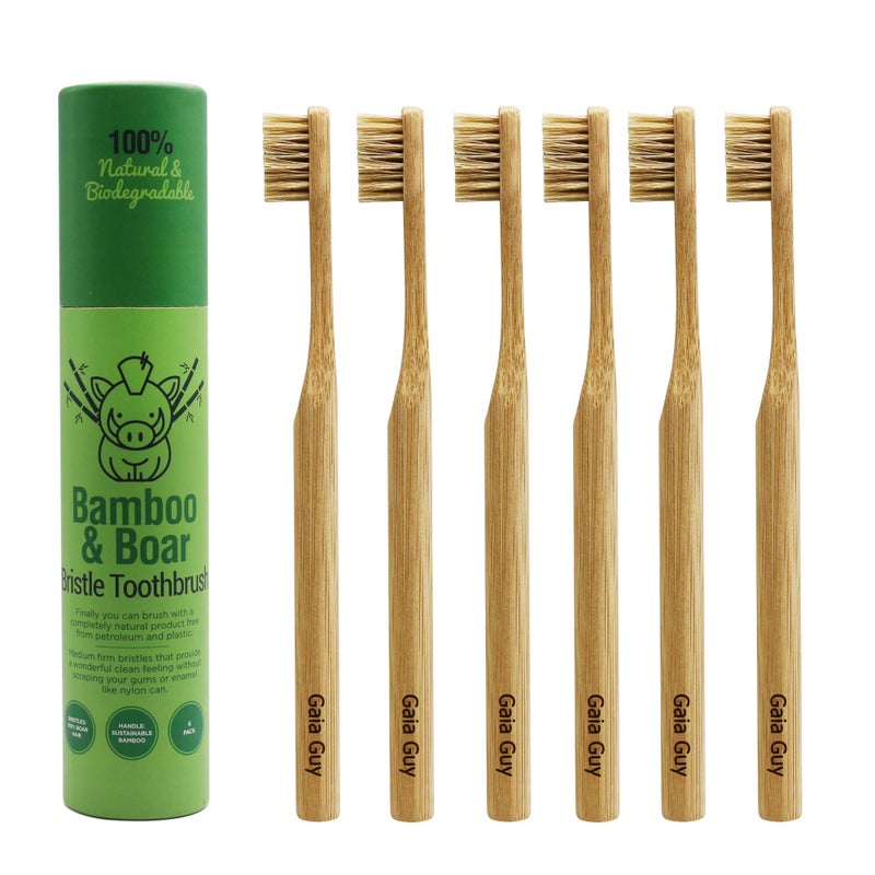 غايا غاي Natural Bristle Bamboo Toothbrush (NO Nylon - Boar Hair ONLY) - Totally Compostable u0026 Biodegradable Boar Bristle and Bamboo Toothbrushes - Zero Waste - 6-Pack - Image 1