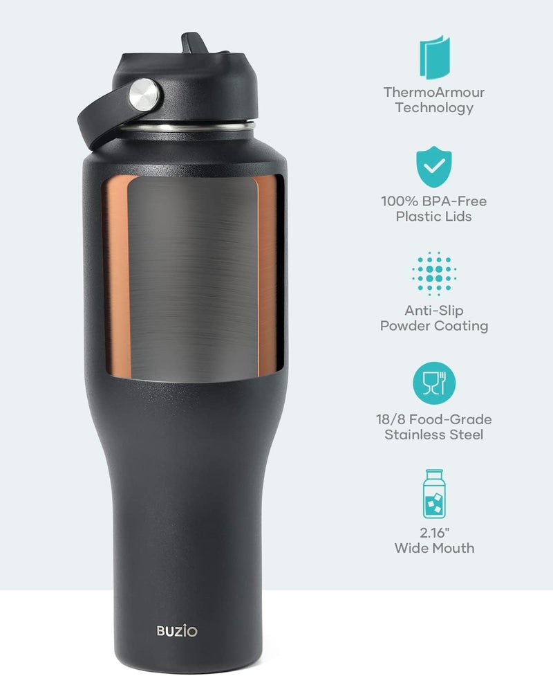 BUZIO 40oz Tumbler with Handle Straw Lid and Flex Lid, 40 oz Insulated Water Bottle Fits in Car Cup Holder, Double Wall Stainless Steel Travel Flask, Keeps Cold for 48 Hrs, Hot for 24 Hrs, Black - Image 5