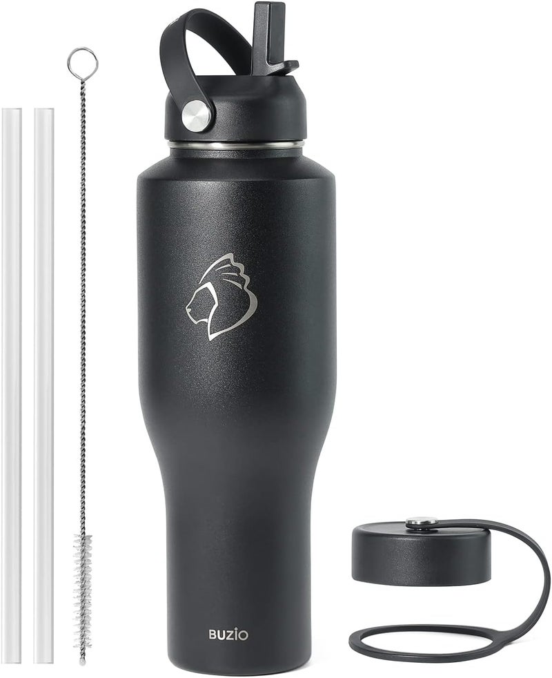 BUZIO 40oz Tumbler with Handle Straw Lid and Flex Lid, 40 oz Insulated Water Bottle Fits in Car Cup Holder, Double Wall Stainless Steel Travel Flask, Keeps Cold for 48 Hrs, Hot for 24 Hrs, Black - Image 1