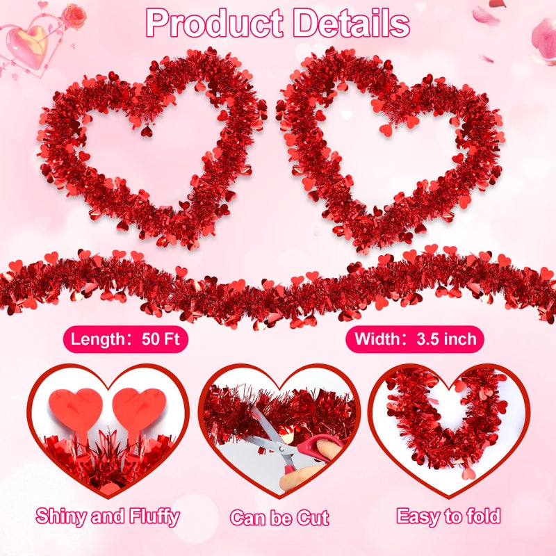 HALOGATE 50FT Valentine's Day Decorations, Red Valentines Heart Tinsel Garland Shiny Metallic Valentines Garland for Home Tree Mantel Fireplace Stairs Outdoor Indoor Wedding Galentine's Day Decorations - Image 2