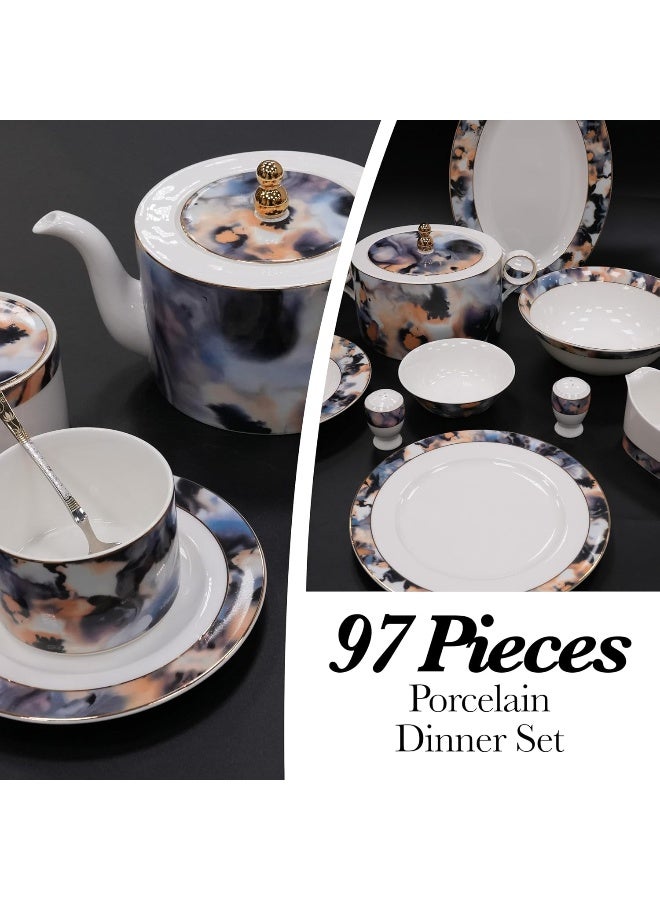 BS طقم أطباق بورتشيلين الدائري من B&S | 97 قطعة من أدوات المائدة الخزفية الفاخرة | طقم أطباق بتصميم زهور | طقم شاي وقهوة بورتشيلين عتيق | أطباق وأوعية آمنة للاستخدام في الميكروويف وغسالة الصحون - Image 4