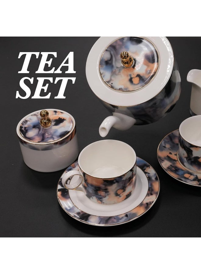 BS طقم أطباق بورتشيلين الدائري من B&S | 97 قطعة من أدوات المائدة الخزفية الفاخرة | طقم أطباق بتصميم زهور | طقم شاي وقهوة بورتشيلين عتيق | أطباق وأوعية آمنة للاستخدام في الميكروويف وغسالة الصحون - Image 2