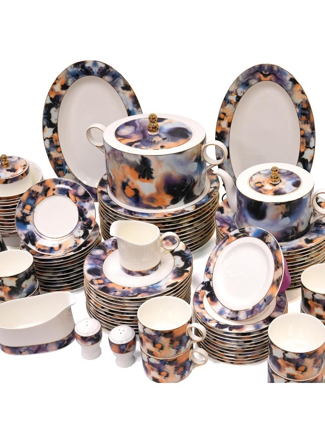 BS طقم أطباق بورتشيلين الدائري من B&S | 97 قطعة من أدوات المائدة الخزفية الفاخرة | طقم أطباق بتصميم زهور | طقم شاي وقهوة بورتشيلين عتيق | أطباق وأوعية آمنة للاستخدام في الميكروويف وغسالة الصحون - Image 1