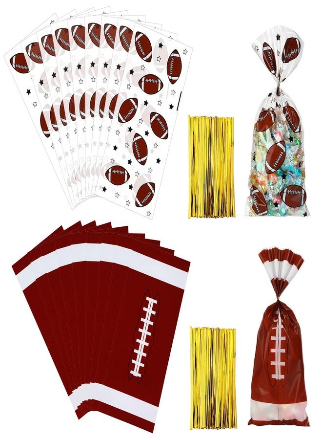 ForraFun 100 Pcs Football Party Goodie Bags Football Plastic Treat Candy Cellophane Bags with 100 Pieces Gold Twist Ties for Birthday Sports Team Party Favors - Image 1
