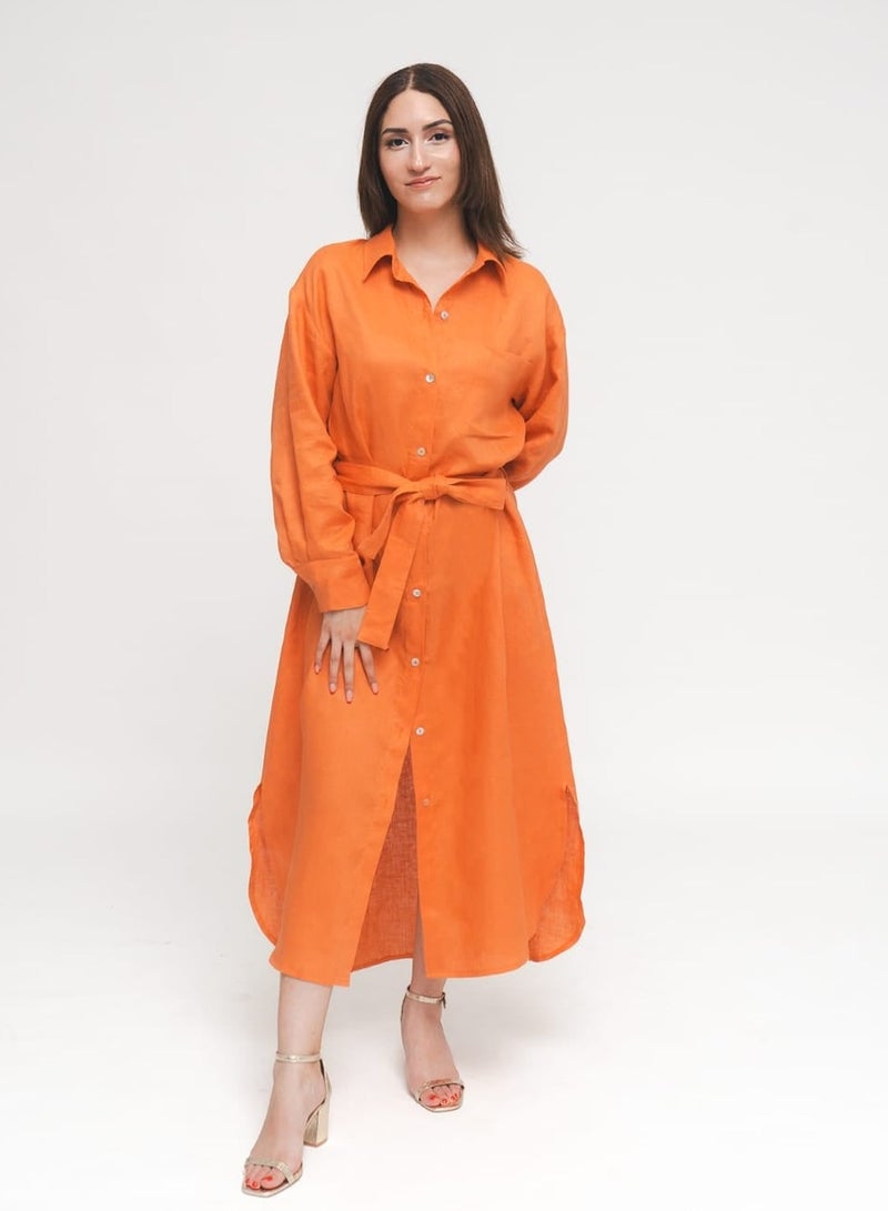Etta Clara, Tangerine Italian Linen Midcalf Dress - Image 1