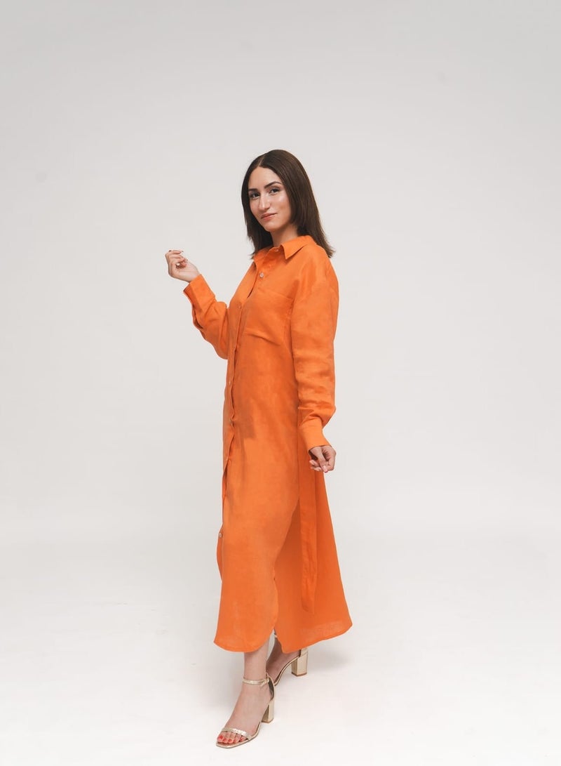 Etta Clara, Tangerine Italian Linen Midcalf Dress - Image 4