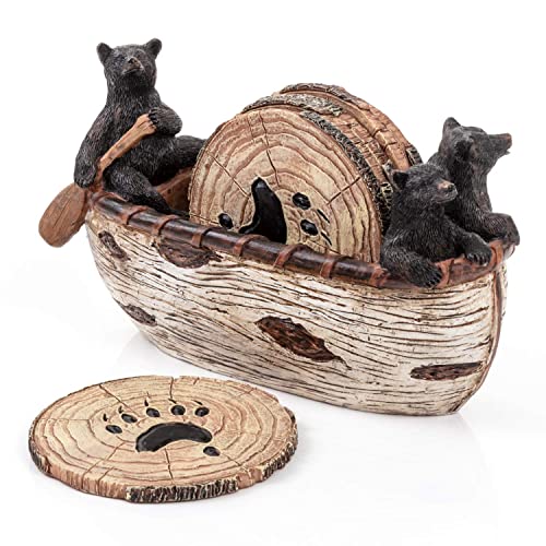 Cabin Obsession Bear Coasters Set of 6 Full Size Rustic Coasters in Handmade Canoe with Adorable Black Bear Figurines  Black Bear Log Cabin Decorations Rustic Lodge Decor for The Home 