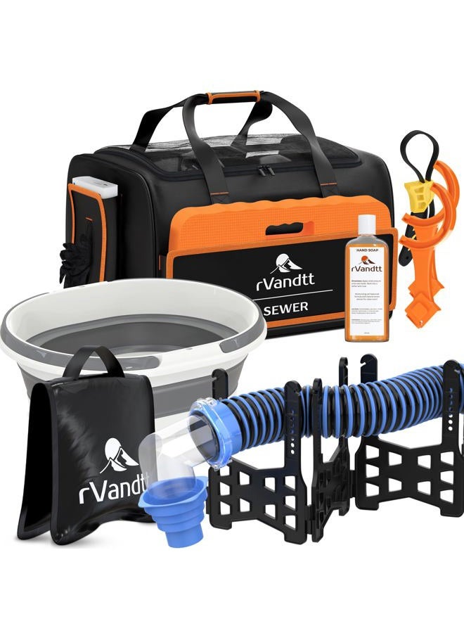 Rvandtt RV Sewer Accessories Kit - 15ft Sewer Hose w/4in1 Adapter, Stand, Collapsible Bucket, Nitrile Gloves, Hand Cleaner, Wrenches, Kneeling Pad, Hose Weight, and Custom Bag - Image 1