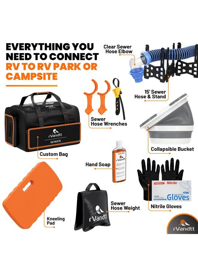 Rvandtt RV Sewer Accessories Kit - 15ft Sewer Hose w/4in1 Adapter, Stand, Collapsible Bucket, Nitrile Gloves, Hand Cleaner, Wrenches, Kneeling Pad, Hose Weight, and Custom Bag - Image 2