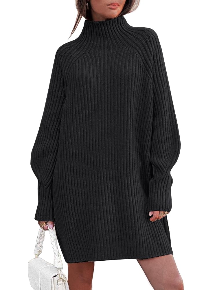 LILLUSORY Sweater Dresses for Women 2026 Fall Fashion Mock Neck Long Lantern Sleeve Oversized Outfits Knit Tops Clothes Black S - Image 1