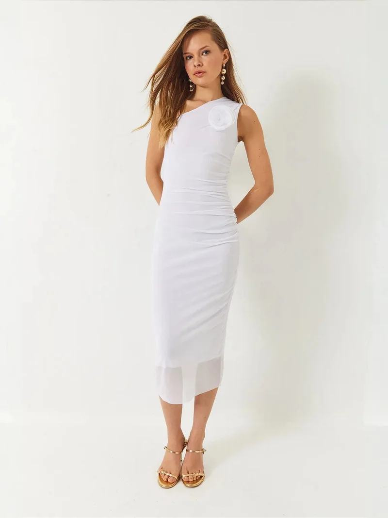 Bianco Lucci LUCCI Asymmetrical Collar Midi Dress with Bow