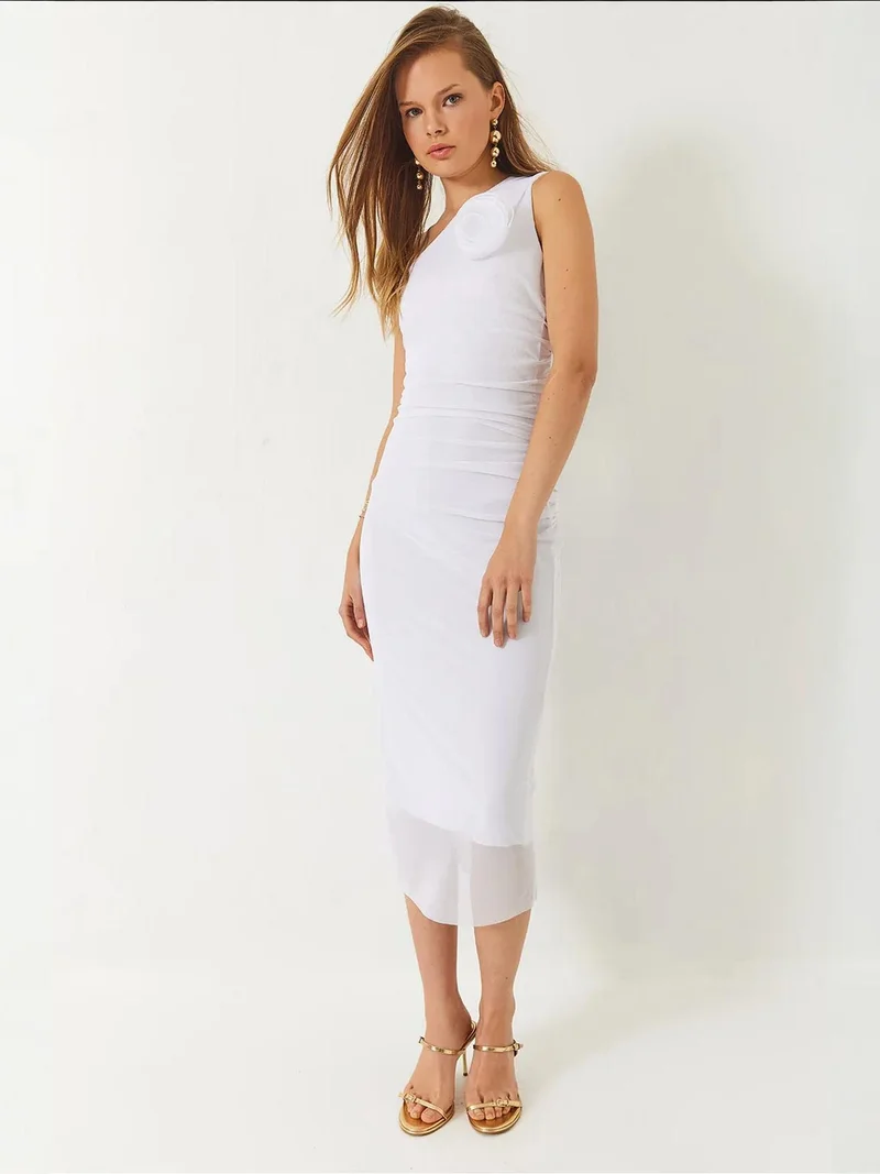 Bianco Lucci LUCCI Asymmetrical Collar Midi Dress with Bow