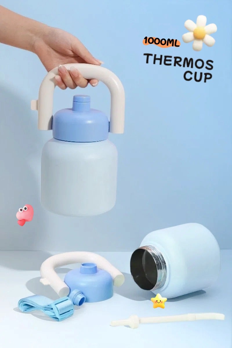 Paraphrase 1000ml Large Capacity Portable Vacuum Insulated Stainless Steel Thermo Bottle with Crossbody Strap for Water, Cofee, Tea, Juice | Keeps Drinks Hot & Cold All Day | Blue+White - Image 1