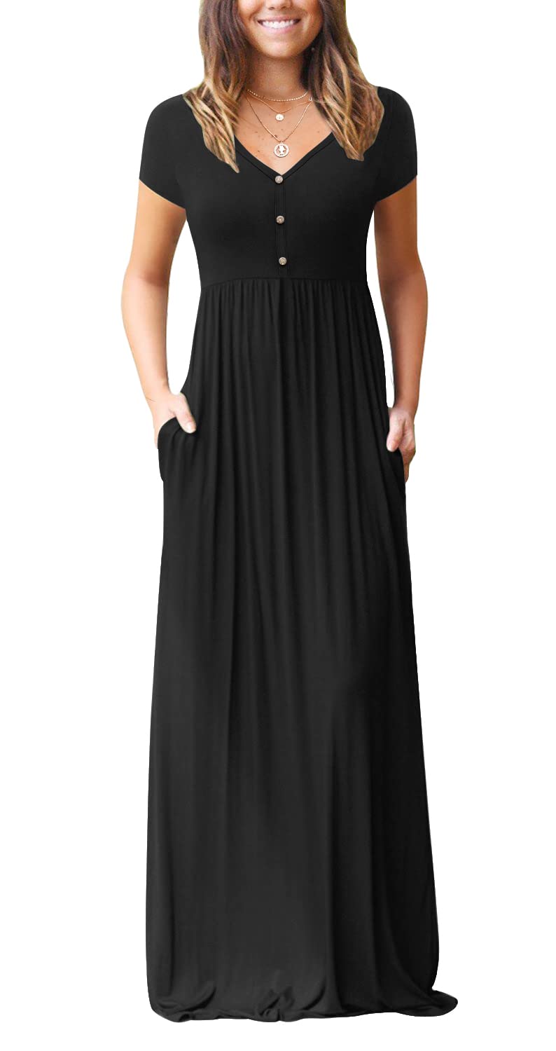GRECERELLE Women's Short Sleeve Casual Maxi Dress V Neck High Waist Long Dresses with Pockets, Black, Medium - Image 2