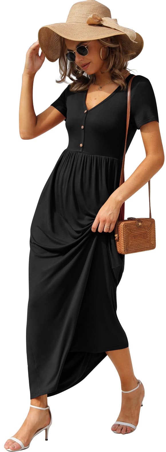 GRECERELLE Women's Short Sleeve Casual Maxi Dress V Neck High Waist Long Dresses with Pockets, Black, Medium - Image 4