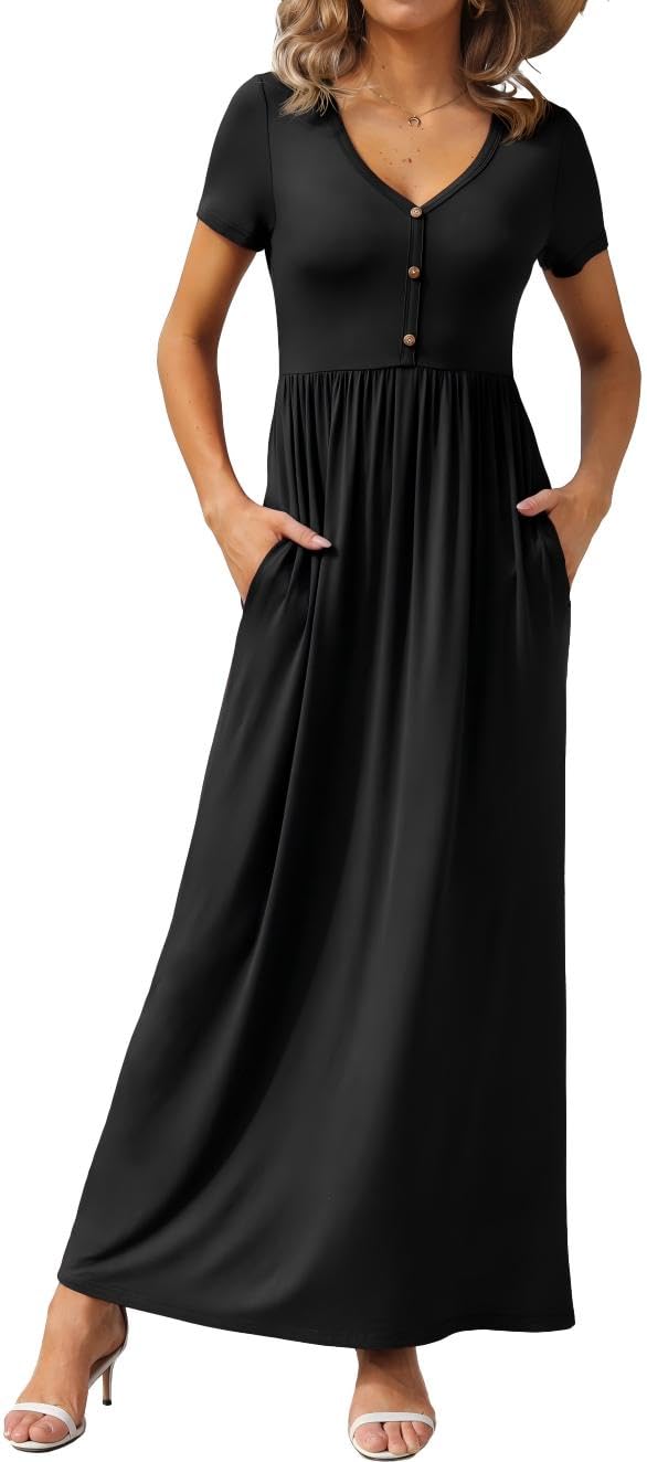 GRECERELLE Women's Short Sleeve Casual Maxi Dress V Neck High Waist Long Dresses with Pockets, Black, Medium - Image 1