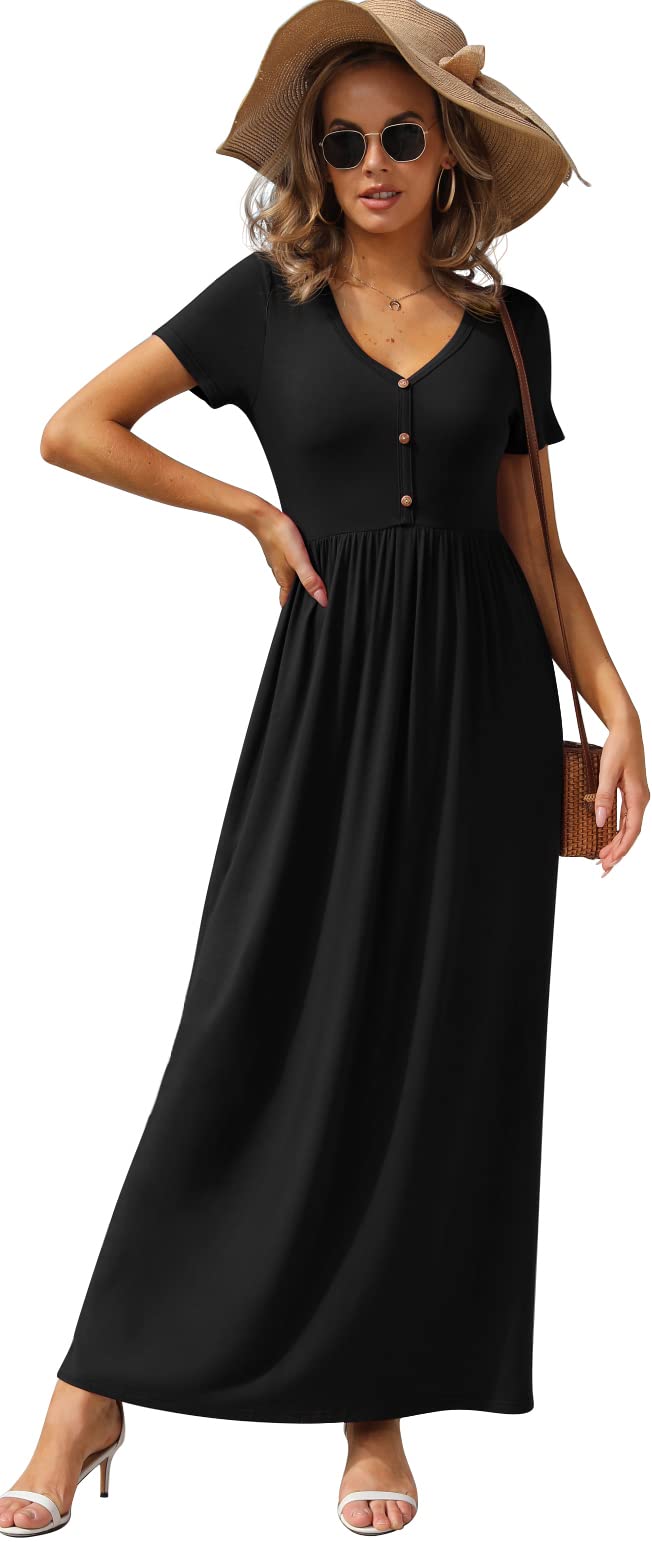 GRECERELLE Women's Short Sleeve Casual Maxi Dress V Neck High Waist Long Dresses with Pockets, Black, Medium - Image 3