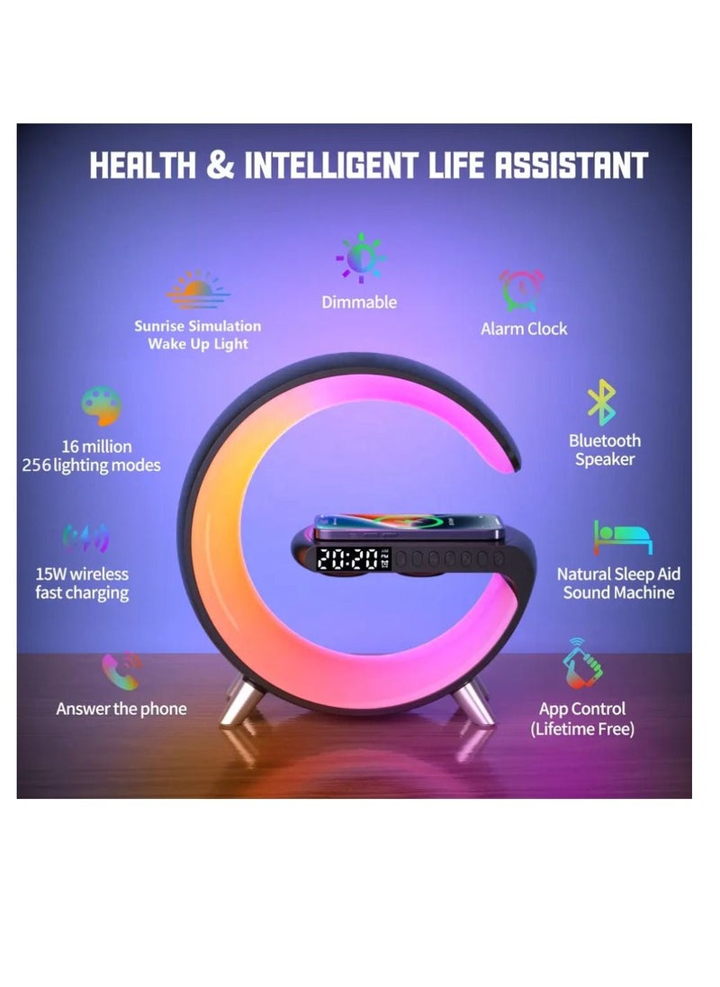 DIGI CORE - Wireless Charger Atmosphere Lamp Bluetooth Speaker Music Clock Alarm Key And APP Control Table Lamp Black - Image 1